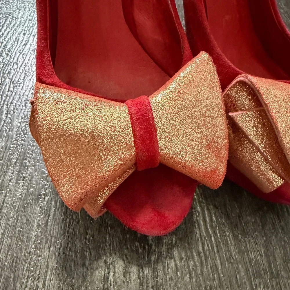 Bailing Li Ren Red Suede Platform Heels with Glitter Bow Pumps Women Size 5.5